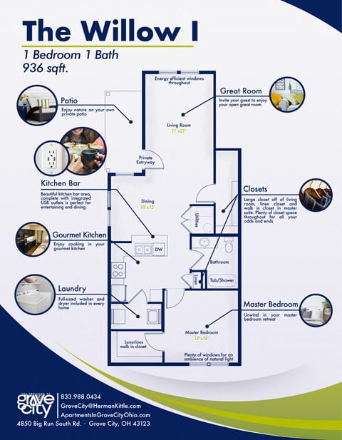 Floor plan for 1 bed, 1 bath, 990 sqft